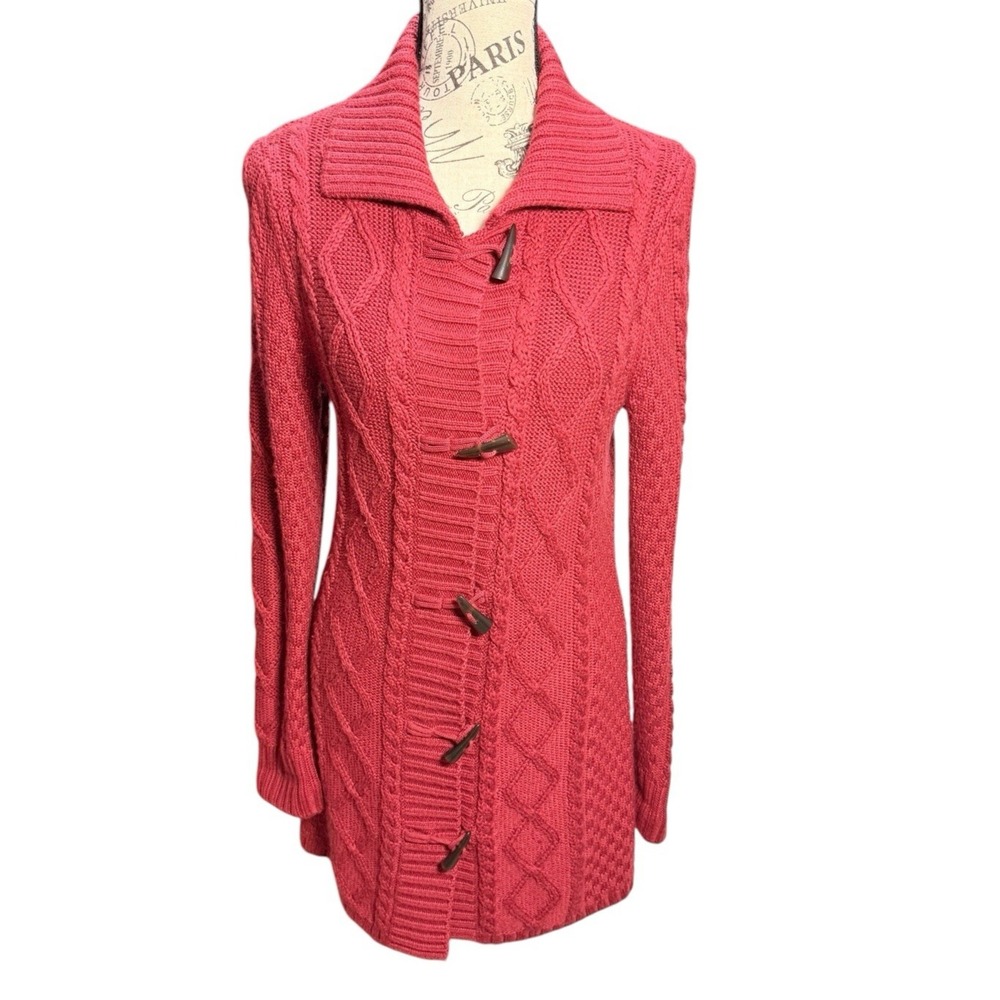 LL BEAN Fisherman Toggle Cardigan Womens Red Chunky Cable Knit Cozy Wool Blend